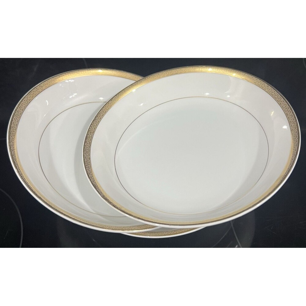 Set of 3 Regency Fine China Soup Bowls 7.5" Gold Rim Gold Greek Key Japan Vtg